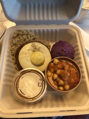 Mochi loco, purple sweet potato salad, chana masala at Peace Cafe - Shibuya Scramble Square in Tokyo