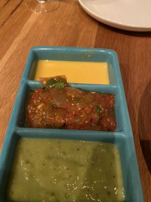 3 dipping sauce for chips. Orange stuff is hot at Flores in Corte Madera