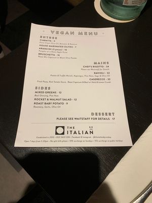 Current vegan menu at The Italian in Byron Bay