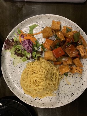 Tofu with noodles (originally a rice dish) and sweet and sour Sauce at La Gom Kitchen in Phu Quoc