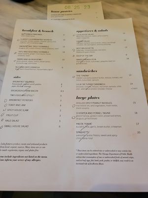 Menu with non veganizable options crossed out at Lula Cafe in Chicago