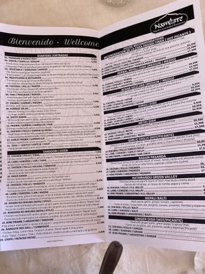 Menu at Namaste Nepalese and Indian in Nerja