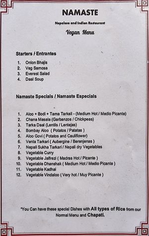 Vegan only menu. at Namaste Nepalese and Indian in Nerja
