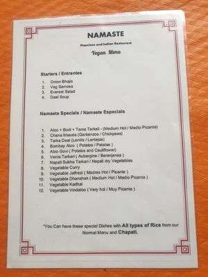 Vegan menu at Namaste Nepalese and Indian in Nerja
