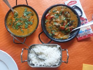 Dhal tadka, aubergine & pepper curry and plain rice at Namaste Nepalese and Indian in Nerja