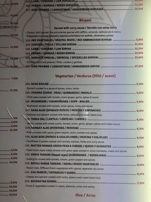 menu at Namaste Nepalese and Indian in Nerja
