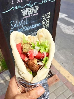 Falafel wrap with homemade pita bread  at Ali Mama in Huanchaco