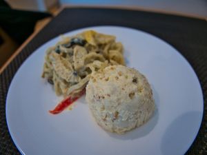 Some kind of asian noodle salad and potato salad. at Upgrade Plant Based Kitchen in Osaka