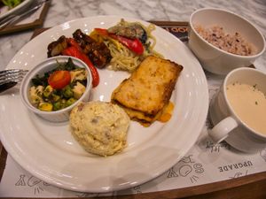 My lunch plate with two mains and three side dishes, and also some rice and soup. at Upgrade Plant Based Kitchen in Osaka