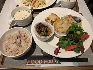 Lasagne, Gyoza, green curry noodles, kale salad, deconstructed Inari salad.  at Upgrade Plant Based Kitchen in Osaka