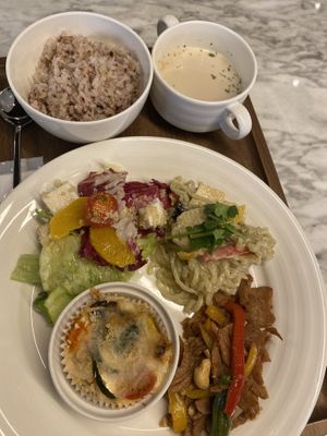 Choice of different salads and mains for lunch.  at Upgrade Plant Based Kitchen in Osaka