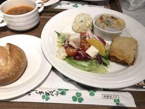 Set meal with soy lasagna, gratin, potato salad and quinoa salad with their vegan cheese (tastes so good)  at Upgrade Plant Based Kitchen in Osaka