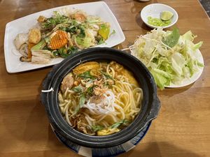 Hue soup and veg stir fry   at Vegan Heaven in Da Lat