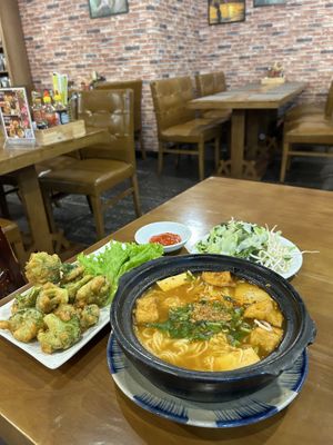 Good food! Forget the name of the soup, but it was good! + fried broccoli  at Vegan Heaven in Da Lat