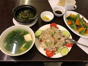 Vietnamese spinach soup, orca veg, rice with veg, vegetables and mushrooms  at Vegan Heaven in Da Lat