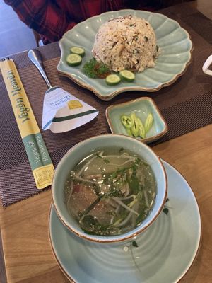 Fried rice and soup  at Vegan Heaven in Da Lat