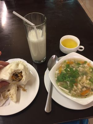 Banh bao (dumpling), combination soup and hot soya milk! at Vegan Heaven in Da Lat