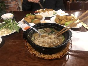 Mushroom Pho, fried cauliflower & eggplant and chilli tofu with rice at Vegan Heaven in Da Lat