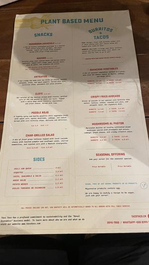 Plant based menu 2/2  at Taco Taco in Monteverde