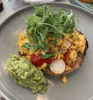 Scrambled Tofu on sourdough toast with avocado, radish and water cress   at Little Cove Espresso in New Territories