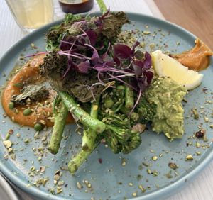 Green Brunch. (Vegan version)  broccolini, peas, kale, avocado, pumpkin hummus on sourdough toast   at Little Cove Espresso in New Territories