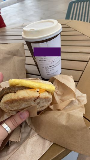 Breakfast sandwich and iced coffee at Philz Coffee in La Jolla