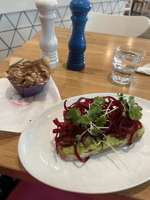 Avocado toast and banana nut muffin  at Parakeet Cafe in San Diego