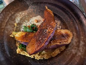 Vegan roasted eggplant hommus, harisa, chickpea  at Privé - Tiong Bahru in Central Singapore