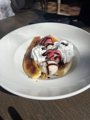 Banana split!! With vegan ice cream, vegan chocolate, coconut whip, and granola    at Trevor's at the Tracks in San Juan Capistrano