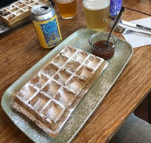 Vegan brussels waffle filled with hazelnuts & jam of the day (apple-pomelo)  at Pardon in Brussels