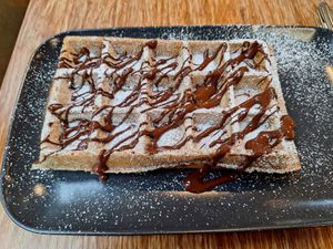 Vegan Brussels Waffle with 70% chocolate sauce at Pardon in Brussels