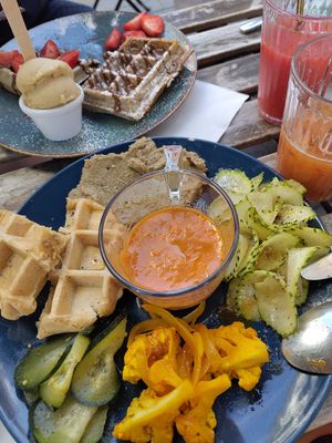 Vegan brunch (had started eating before taking a picture) and vegan waffle at Pardon in Brussels