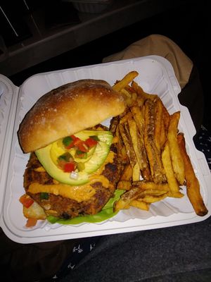 Southwest chipotle burger with fries (in focus but harsh lighting) at BrickHouse in Patchogue