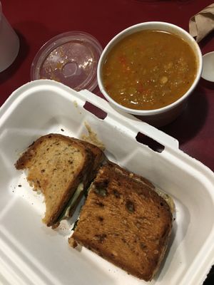 vegan grilled cheese with a cup of curry lentil soup  at Revitalive Cafe and Juice Bar in Newburyport