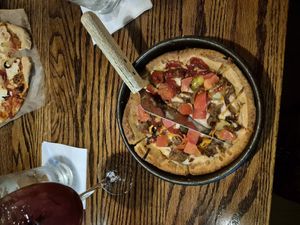 Vegan cheeseburger deep dish pizza at UNO Pizzeria in Orlando