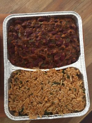 part of mixed plate: kidneybeans and jollof-rice (take away) at Patacon-Obi - Falafel Café in Stuttgart