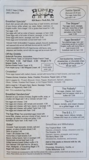 Menu at Rome Point Café in North Kingstown
