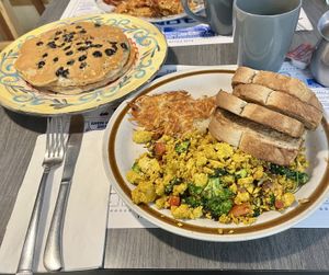 Blueberry pancakes and tofu scramble  at Rome Point Café in North Kingstown