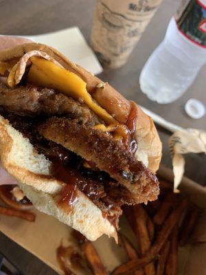 BBQ Bacon Cheeseburger -or what’s left of it.  at Nice Burger - Costa Mesa in Costa Mesa