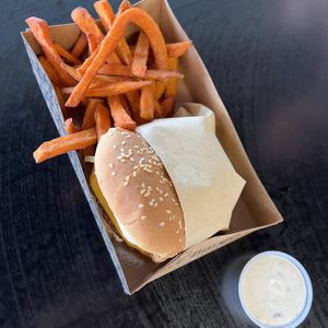 bacon burger with sweet potato fries and ranchh  at Nice Burger - Costa Mesa in Costa Mesa