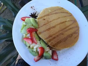 Hot cakes & fruit at Corazón de Hemp in Cabo San Lucas