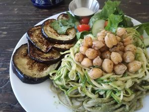 Zucchini spaguetti with grilled eggplant at Corazón de Hemp in Cabo San Lucas