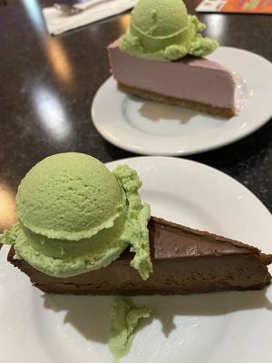 Cheesecake with matcha ice cream  at Chef Kenny's Asian Vegan Cuisine in Houston