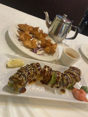 Dragon Roll, Vegan cheese wontons, vegetable soup at Chef Kenny's Asian Vegan Cuisine in Houston