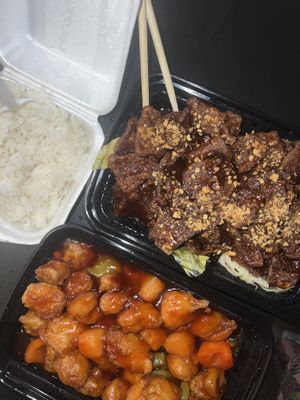 sweet and sour chicken and crunchy beef😄  at Chef Kenny's Asian Vegan Cuisine in Houston