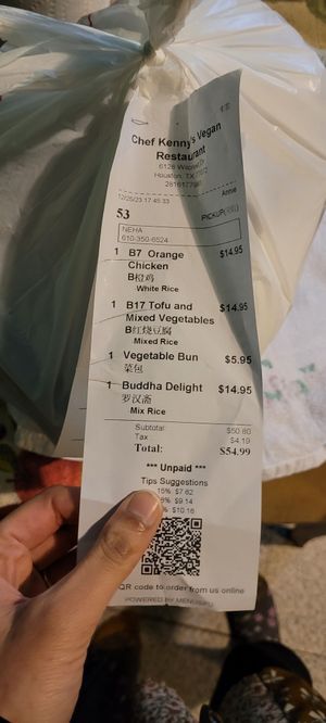 receipt at Chef Kenny's Asian Vegan Cuisine in Houston