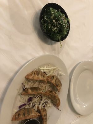 Pan fried dumplings and seaweed salad  at Chef Kenny's Asian Vegan Cuisine in Houston