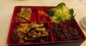 Crispy beef bento box at Chef Kenny's Asian Vegan Cuisine in Houston