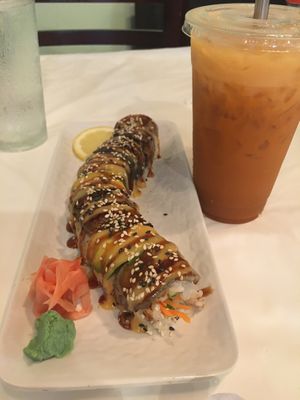 Dragon sushi roll and Thai iced tea   at Chef Kenny's Asian Vegan Cuisine in Houston