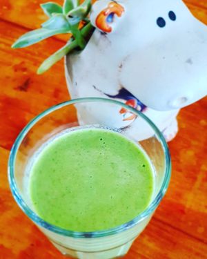 Greena Colada 
Pineapple, coconut, spirulina, maca, medjool date   at Follow The Rabbit in Sunshine Coast